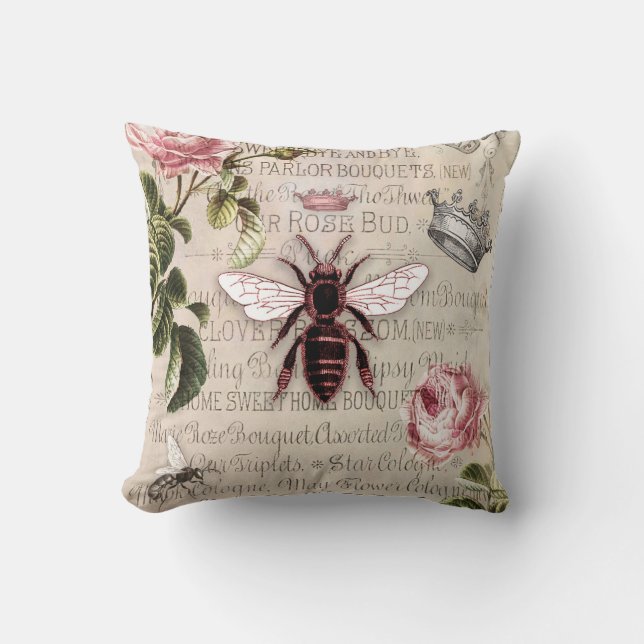 Vintage Queen Bee Ephemera Throw Pillow (Front)