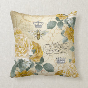 Vintage Queen Bee Golden Roses Floral Throw Pillow