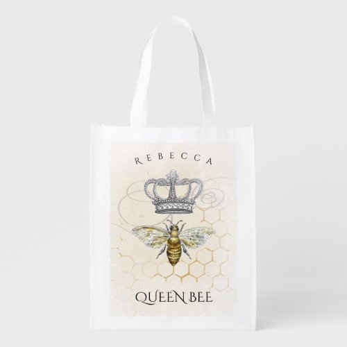 Vintage Queen Bee Honey Comb Monogram Name Grocery Bag