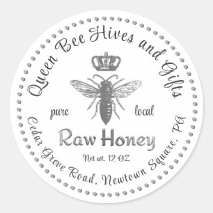 Vintage Queen Bee Honey Crown Script White Classic Round Sticker