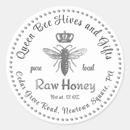 Vintage Queen Bee Honey Crown Script White    Classic Round Sticker