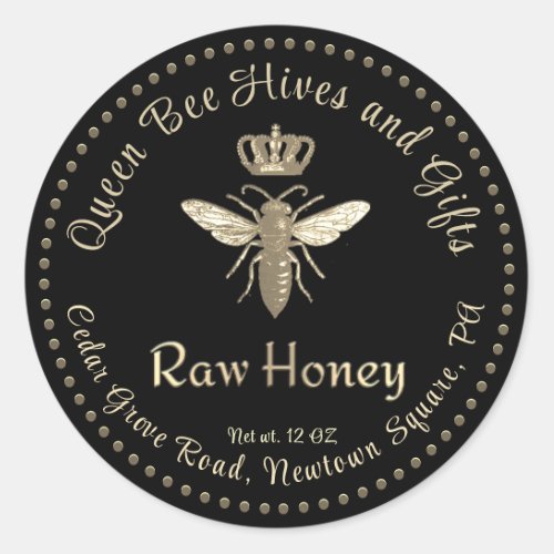 Vintage Queen Bee Honey Gold Crown Script Black    Classic Round Sticker