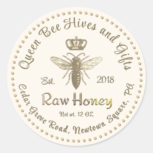 Vintage Queen Bee Honey Gold Crown Script Ivory    Classic Round Sticker