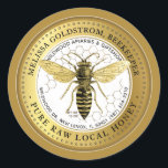 Vintage Queen Bee Honey Label honeycomb GOLD<br><div class="desc">Custom Honey Label with vintage illustration of Golden Queen Bee. Honeycomb pattern in background. Dotted circle metallic gold border. Personalize with your name,  apiary,  location and cell phone.</div>