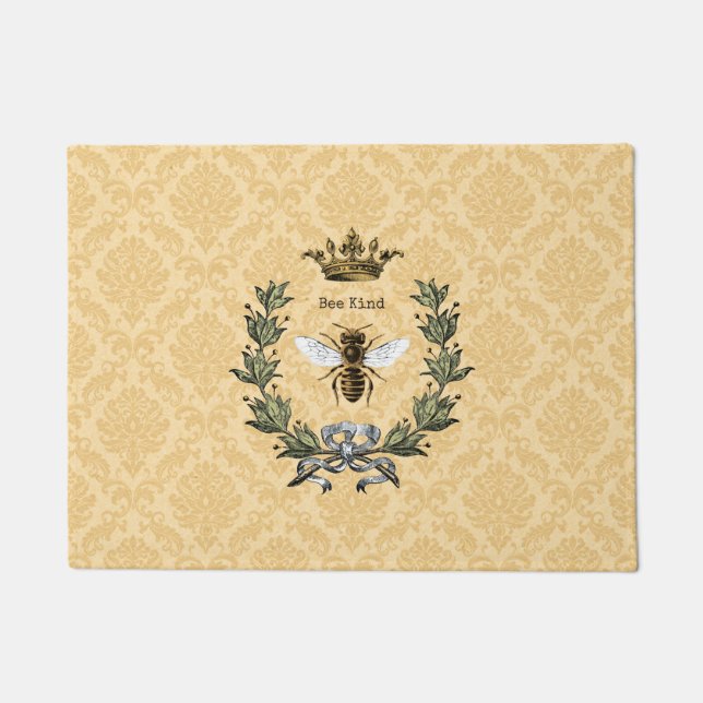 Vintage Queen Bee Kind Damask Doormat (Front)
