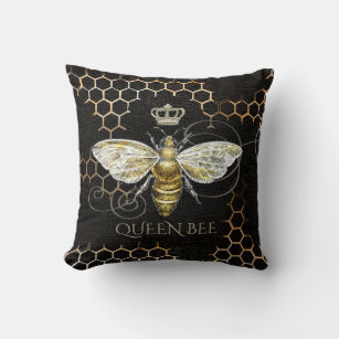 Vintage Queen Bee Royal Crown Black Throw Pillow