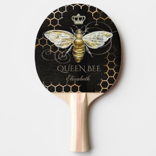 Vintage Queen Bee Royal Crown Custom Name Black Ping Pong Paddle