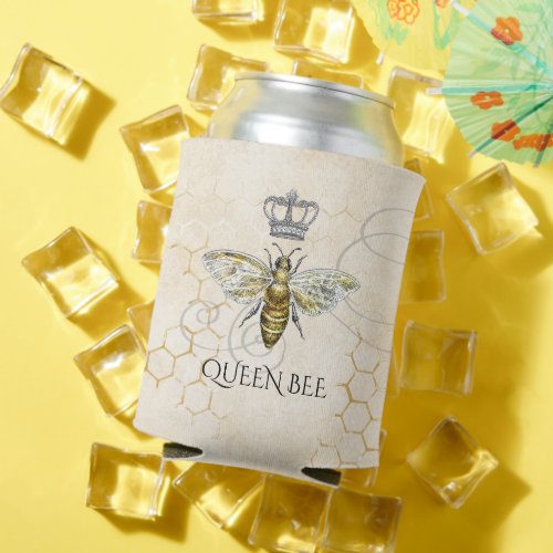 Vintage Queen Bee Royal Crown Honeycomb Beige Can Cooler