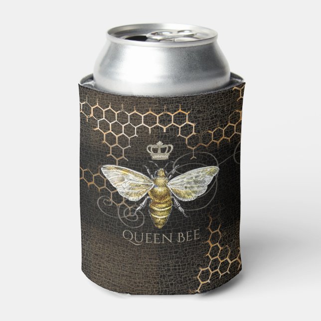 Vintage Queen Bee Royal Crown Honeycomb Black Can Cooler (Can Front)