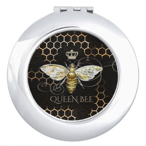 Vintage Queen Bee Royal Crown Honeycomb Black Compact Mirror