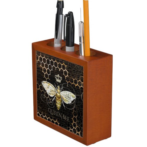 Vintage Queen Bee Royal Crown Honeycomb Black Desk Organizer