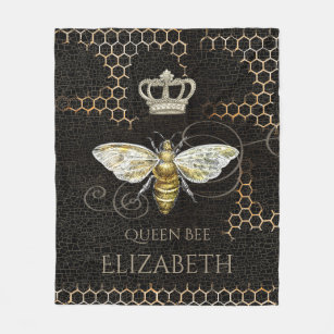 Vintage Queen Bee Royal Crown Honeycomb Black Fleece Blanket
