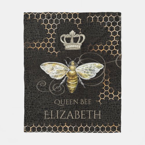 Vintage Queen Bee Royal Crown Honeycomb Black Fleece Blanket