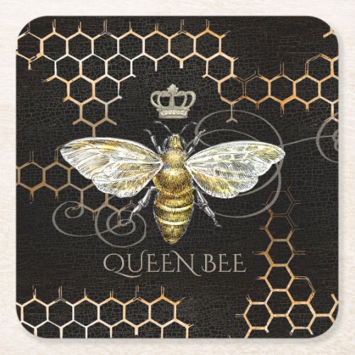 Vintage Queen Bee Royal Crown Honeycomb Black Square Paper Coaster