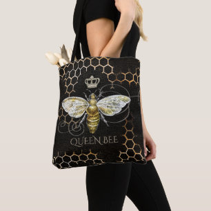 Vintage Queen Bee Royal Crown Honeycomb Black Tote Bag