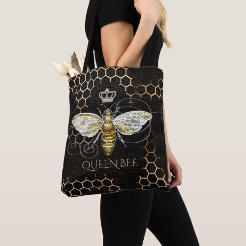 Vintage Queen Bee Royal Crown Honeycomb Black Tote Bag