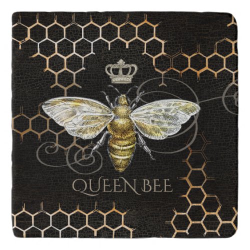 Vintage Queen Bee Royal Crown Honeycomb Black Trivet