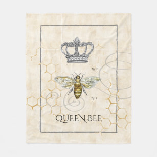 Vintage Queen Bee Royal Crown Honeycomb Fleece Blanket