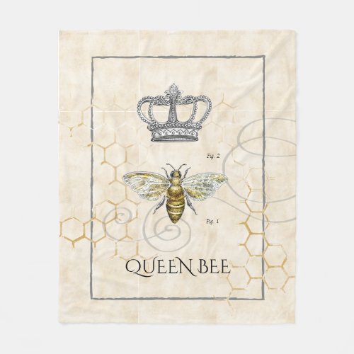 Vintage Queen Bee Royal Crown Honeycomb Fleece Blanket