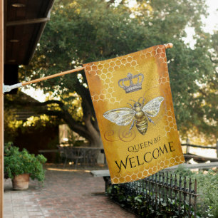 Vintage Queen Bee Royal Crown Honeycomb Gold House Flag