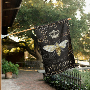 Vintage Queen Bee Royal Crown Honeycomb Welcome House Flag