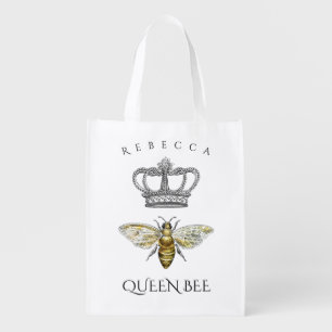 Vintage Queen Bee Royal Crown Monogram Name Grocery Bag