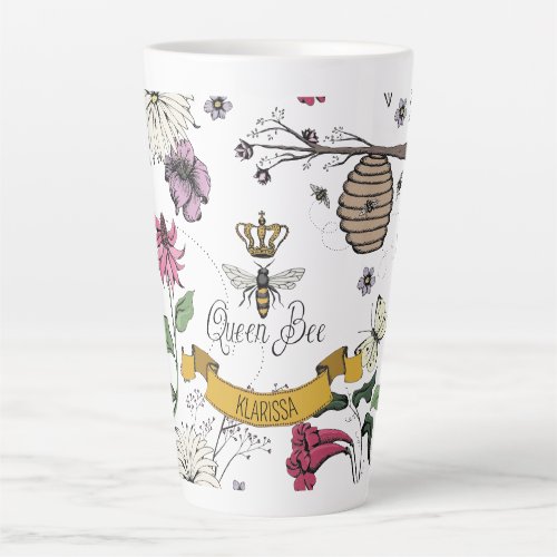 Vintage Queen Bee Royal Gold Crown  Scroll Name Latte Mug