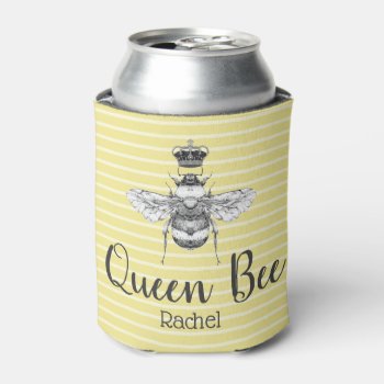 Vintage Queen Bee & Stripes | Personalized Can Cooler by GrudaHomeDecor at Zazzle