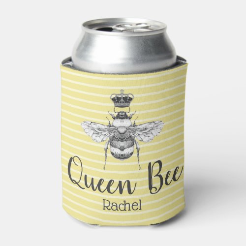 Vintage Queen Bee  Stripes  Personalized Can Cooler