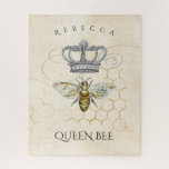 Vintage Queen Bee with Honeycomb Monogram Name Jigsaw Puzzle<br><div class="desc">For the queen bee in your life this makes a unique gift. The design features a bee in the center on a background of honeycomb. Above is a royal crown and name to personalize and below is the words "Queen Bee" . Designed by world renowned artist ©Tim Coffey.</div>