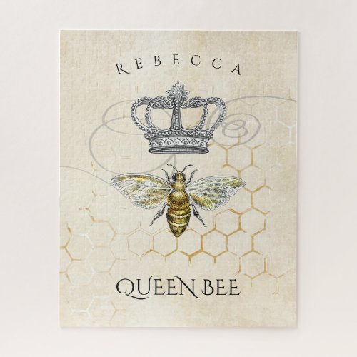 Vintage Queen Bee with Honeycomb Monogram Name Jigsaw Puzzle