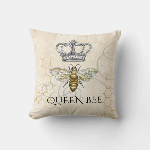 Vintage Queen Bee with Royal Crown Bee Hive Throw Pillow