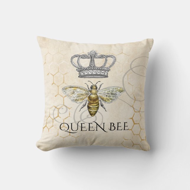 Vintage Queen Bee with Royal Crown Bee Hive Throw Pillow (Front)