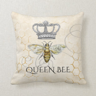 Vintage Queen Bee with Royal Crown Bee Hive Throw Pillow