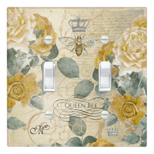 Vintage Queen Bee Yellow Rose Floral Monogram Light Switch Cover