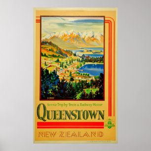 Vintage Queenstown New Zealand Travel Poster