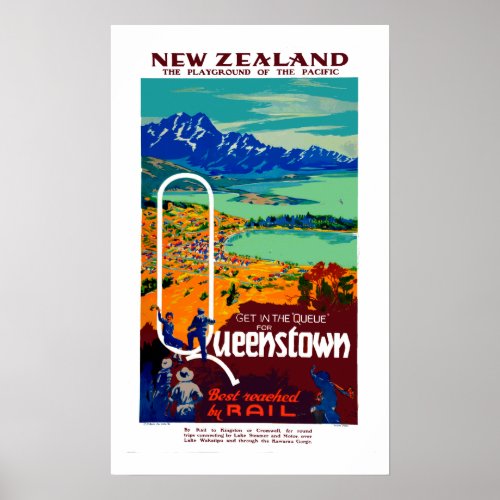 Vintage Queenstown New Zealand Travel Poster
