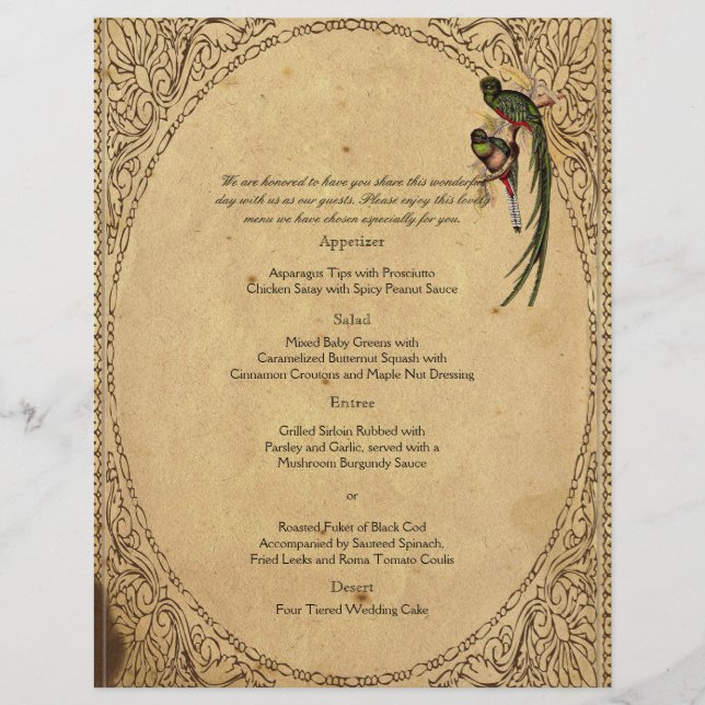 Vintage Quetzal Bird Elegant Wedding Menu (Front)