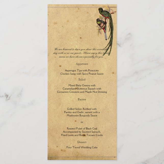 Vintage Quetzal Bird Elegant Wedding Menu (Front)