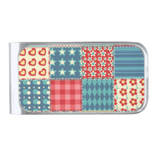 Vintage quilt: patchwork background pattern. silver finish money clip