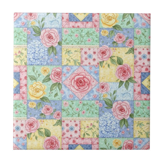 Vintage Quilt Rose Pattern Ceramic Tile (Front)