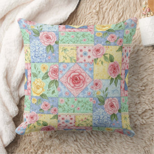 Vintage Quilt Rose Pattern Throw Pillow