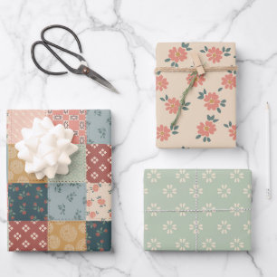 Vintage Quilt Wrapping Paper Flat Sheet Set of 3