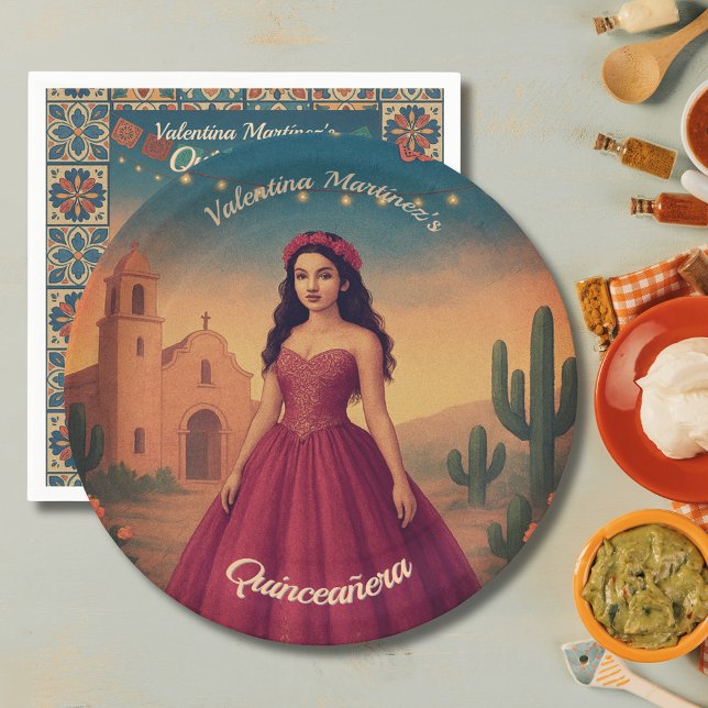 Vintage Quinceañera Custom Name Red Dress Paper Plates (Custom Vintage Quinceañera Red Dress Talavera Art Napkins)