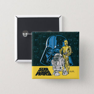Vintage R2-D2, C-3PO, Darth Vader Star Collage Button