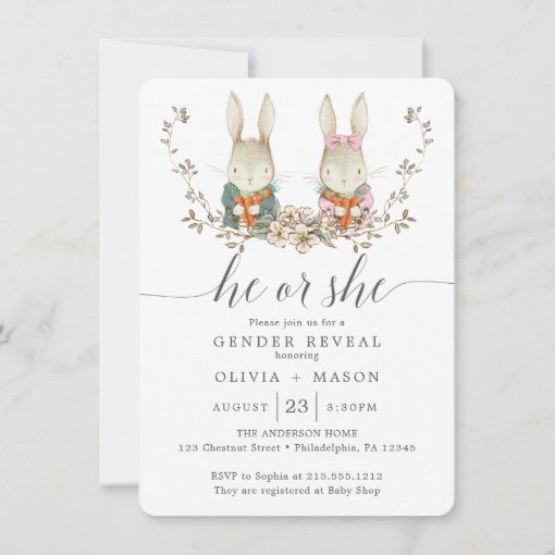 Vintage Rabbit Botanical Baby Gender Reveal Invitation | Zazzle