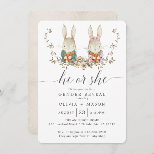 Vintage Rabbit Botanical Baby Gender Reveal Invitation