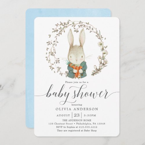 Vintage Rabbit Botanical Blue Boy Baby Shower Invitation