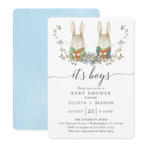 Vintage Rabbit Botanical Boy Baby Shower Blue Invitation