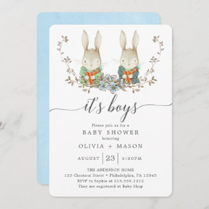 Vintage Rabbit Botanical Boy Baby Shower Blue Invitation